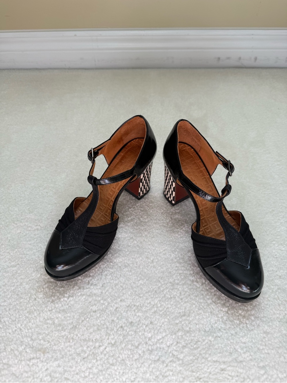 Chie Mihara T strap Platform Pumps with Patterned Heel